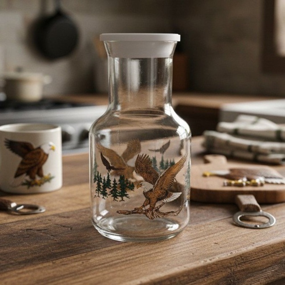 Clear Glass Jar With Eagle Design, Vintage Lidded Kitchen Canister,‎ Home Accent